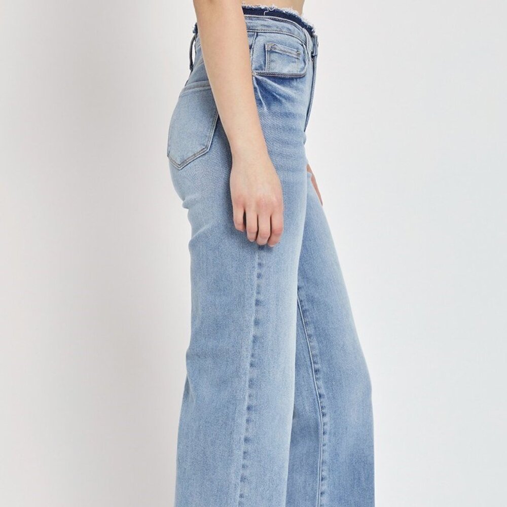 Risen High Rise Wide Leg Jeans Frayed Cuff